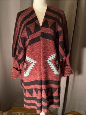 Debut Aztec-Print Open Cardigan Sweater - Rust, Black, Light Blue